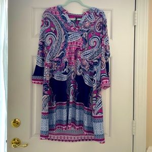 Blue and pink paisley dress with 3/4 length sleeves. Size PXL